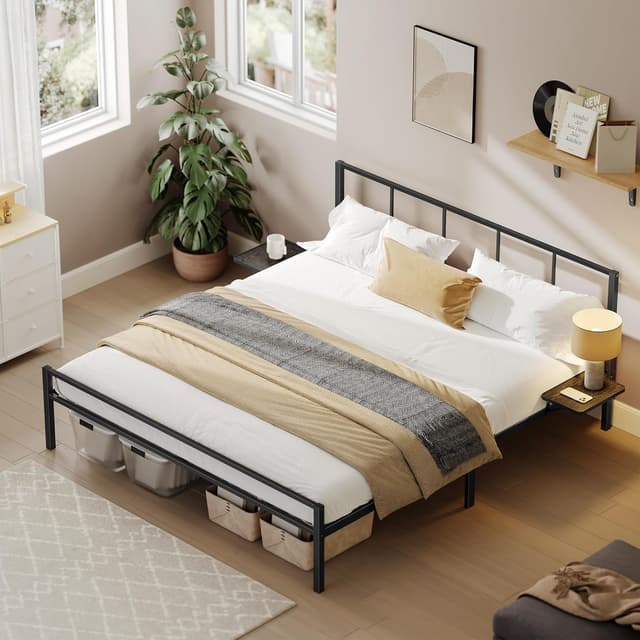 Detalle de VASAGLE Doppelbettgestell 160 x 200 cm aus Metall mit Kopfteil und Aufbewahrungsregalen (mattschwarz)