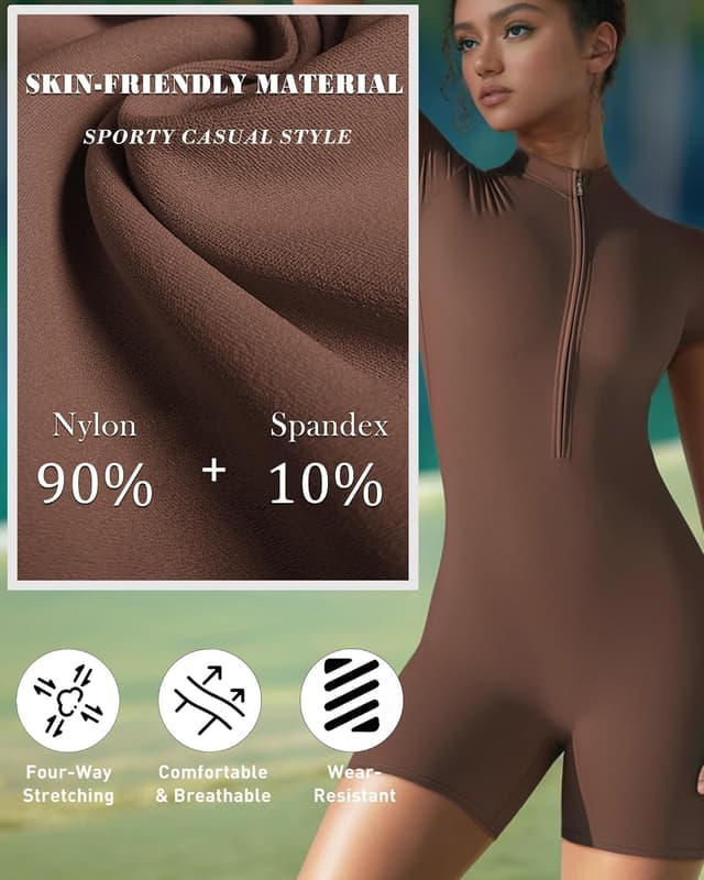 Detalle 2 de Merlvida Sport-Jumpsuit für Damen – Kurz, eng & nahtloser Gym-/Yoga-Overall mit Reißverschluss