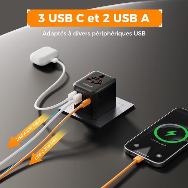 Detalle 2 de TESSAN adaptateur de prise universelle de voyage avec 5 ports USB (3 USB‑C + 2 USB‑A)