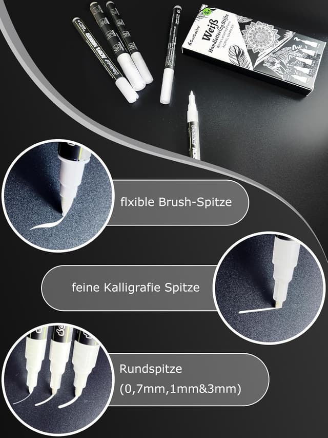 Detalle 2 de DealKits 5x Weiße Acrylstifte – deckende Acrylic Marker Brush Pen für Holz, Glas, Papier & Stein