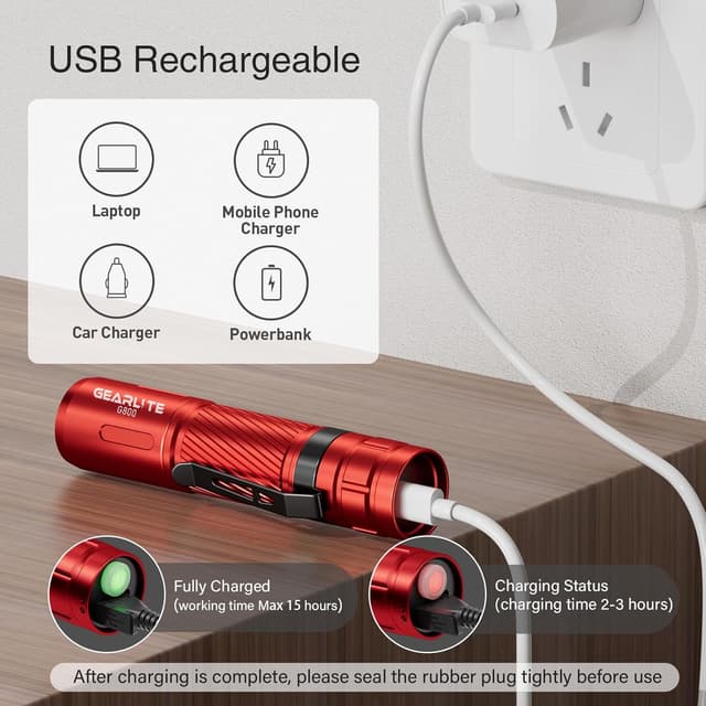 Detalle de GEARLITE G800 Mini LED-Taschenlampe mit Akku, 2000 Lumen, zoombar, 3 Modi, IP65 (rot)