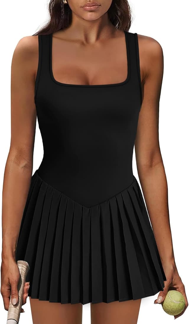 Detalle de NIASHOT Women’s Athletic Tennis Dress with Built-In Shorts, U Neck & Pockets