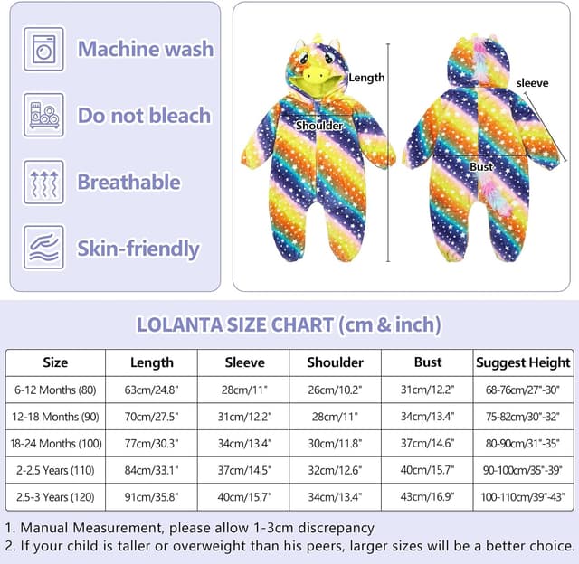 Detalle de Costume bébé licorne arc-en-ciel LOLANTA : combinaison une pièce en peluche avec capuche animale