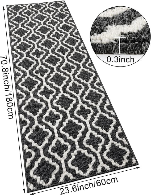 Detalle 2 de SHACOS Hallway Runner Rug (Non-Slip) 60 x 180 cm in Black – Washable polypropylene entryway & corridor carpet runner