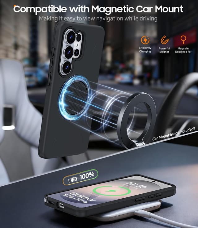 Detalle de AOUIA Samsung S26 Ultra Case (Black) with 2-Pack Screen Protector & 360° Kickstand