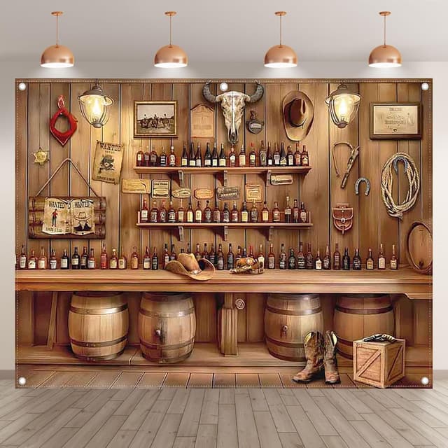 Detalle de Luminora 8x6ft Western Cowboy bar backdrop (rustic wooden house & wine barrels) for birthdays, parties and photo booths