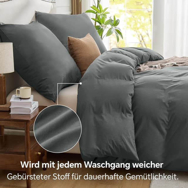 Detalle 2 de BEDELITE Bettwäsche-Set 155x220 cm aus Baumwolle (3-teilig, mit Reißverschluss) in Anthrazit