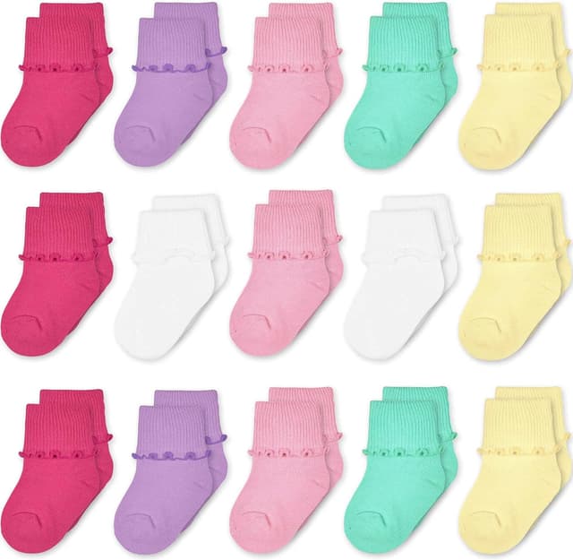 GENTABY 15 Pairs Baby Girls Frilly Cotton Socks (0–6 Years) – Pink, White, Yellow & Multicolour