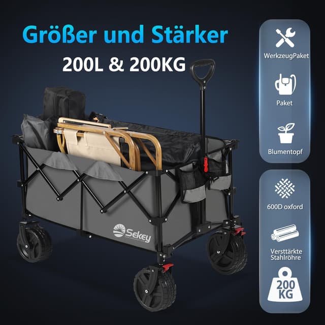 Detalle de Sekey XXL Plus Bollerwagen faltbar mit Bremsen, All-Terrain XXL-Reifen und 200 l Ladevolumen (4011) – Anthrazit