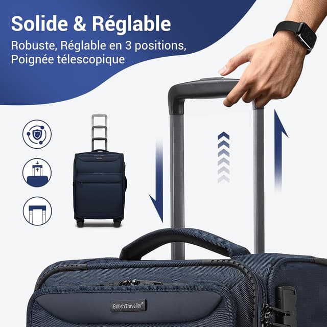 Detalle de British Traveller Valise cabine souple 57,5×37,5×25,5 cm – 40,6 L, 4 roues 360° TSA, marine