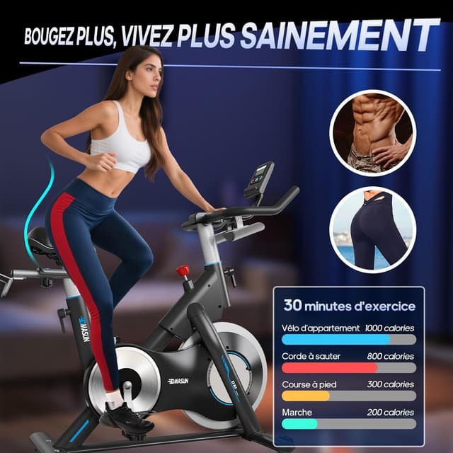 Detalle 1 de DMASUN Vélo d’appartement avec résistance magnétique et volant d’inertie lourd (jusqu’à 180 kg) + support d’haltères