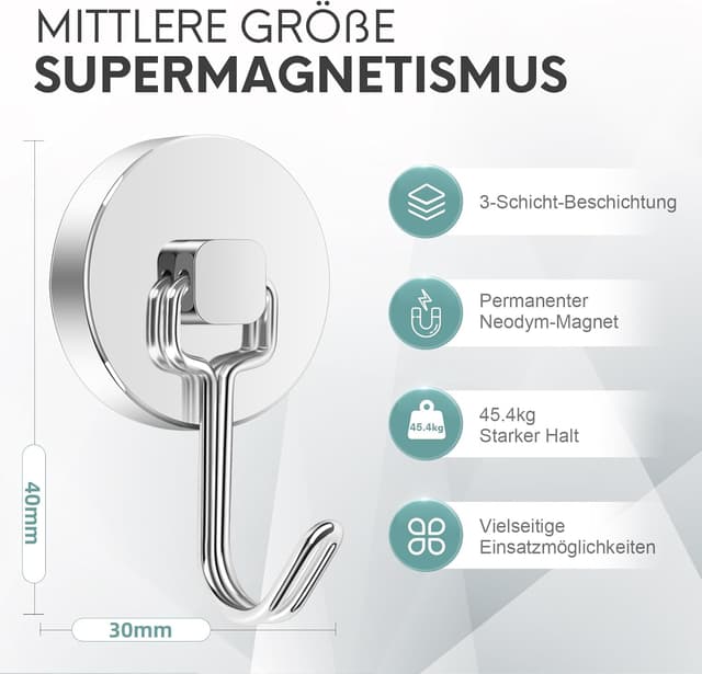 Detalle de Neosmuk Swing Magnethaken Silber (40 kg) – extra starker magnetischer Haken für Werkstatt, Wohnmobil & Spind-Organizer