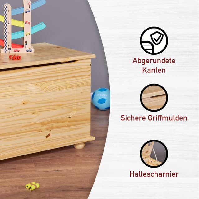 Detalle de Cassapanca portaoggetti in legno massiccio Inter Link Emel Naturel, con coperchio a cerniera