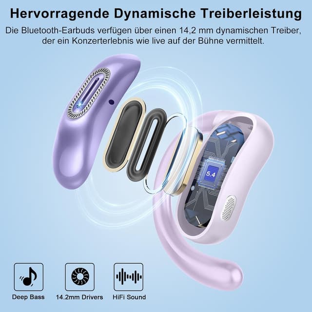 Detalle 2 de Open Ear Kopfhörer Bluetooth 5.4 mit Ohrhaken, 4 ENC-Mikrofonen und IPX7 (lila)