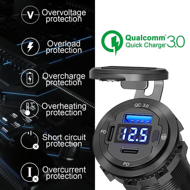 Detalle 2 de 5 in 1 12V USB-C Car Charger Socket with Dual PD, USB Port, LED Voltmeter & On/Off Switch (RV/Marine/Car Use)