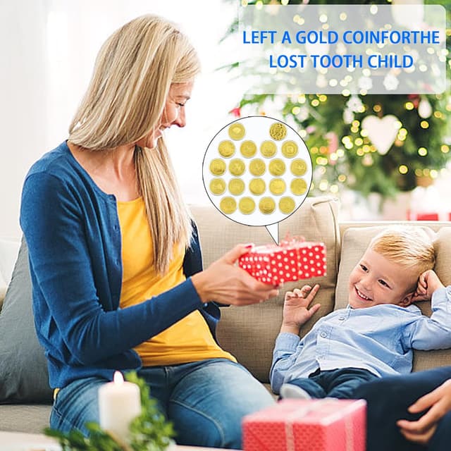 Detalle de VEEKAY Zahnfee Münzen (20 Stück) – Goldtaler mit verschiedenen Motiven als Geschenk für Kinder