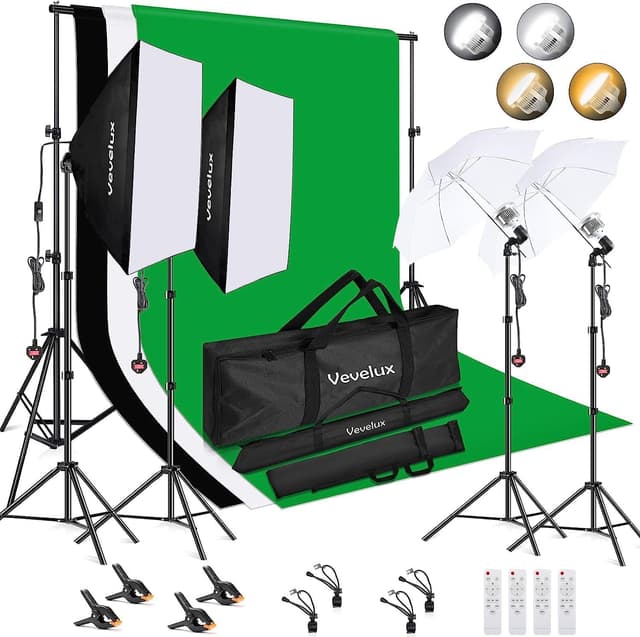 Detalle de Vevelux Photo Studio Lighting Kit with 4 dimmable LED lights, adjustable backdrop stand and 2×3 m backdrop set