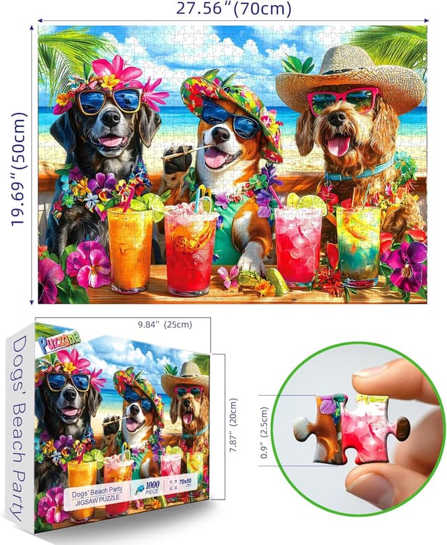 Detalle de 1000-Piece Tropical Dogs Beach Party Jigsaw Puzzle for Adults (Hawaiian Vacation Theme)