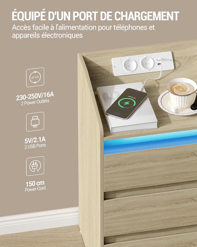 Detalle de Hzuaneri NS40016X table de chevet avec 3 tiroirs, station de charge et LED