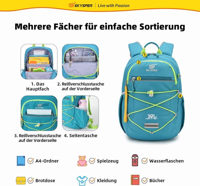 Detalle de SKYSPER Kinder-Wanderrucksack für Jungen & Mädchen (3–8 Jahre) – mit verstellbarem Brustgurt und Hüftgurt