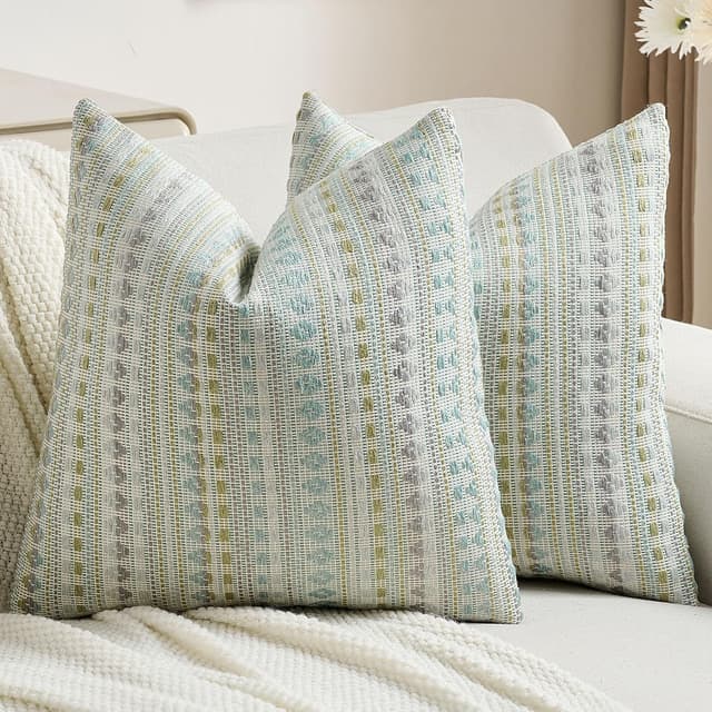 Detalle de Ystyle Housse de coussin 45x45 (lot de 2) en chenille à rayures champêtre, bleu-vert