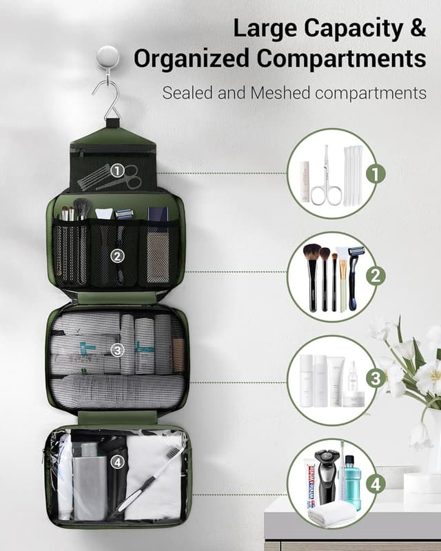 Detalle de Maliton Large Hanging Toiletry Bag (Waterproof, Green) with 4 Compartments