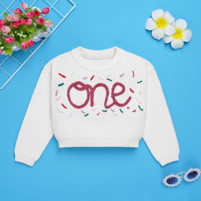 Detalle 2 de EFOGEP unisex first birthday knitted sweater top with “One” embroidery detail