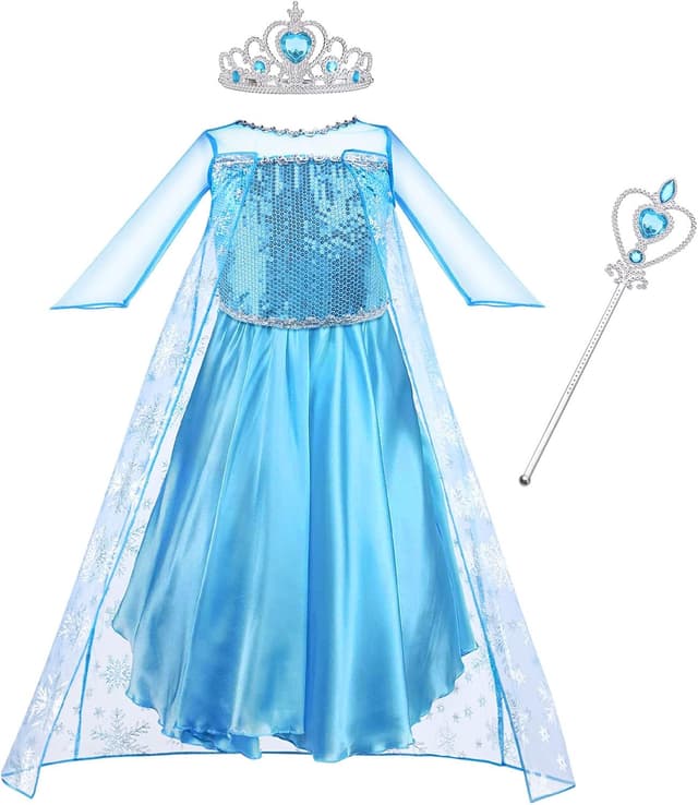 Detalle de Vicloon Costume Principessa Elsa per Ragazze – Set 3 pezzi con vestito, corona e bacchetta (taglia 100)