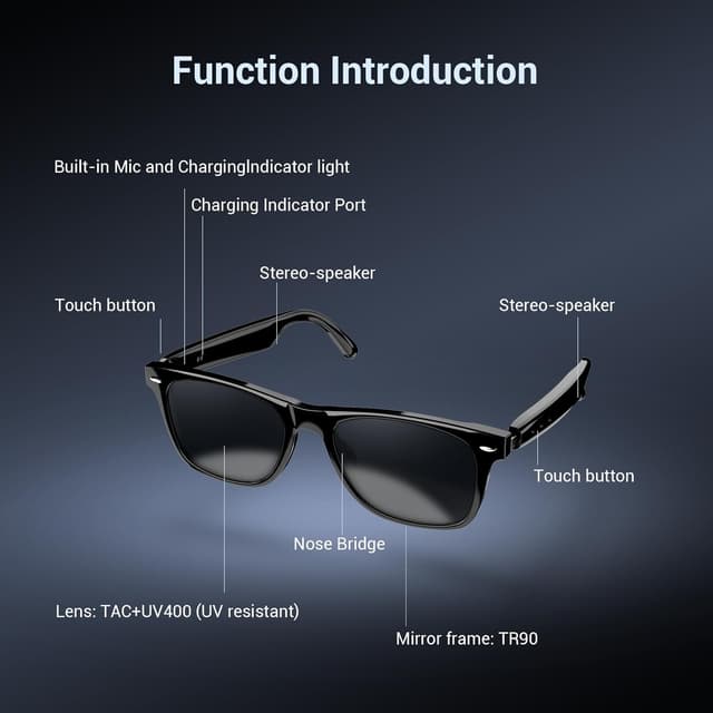 Detalle 2 de Blackview Smart Glasses (Bluetooth 5.3) Polarized Sunglasses with Speaker, Voice Control, UV Protection, Anti-Blue Light