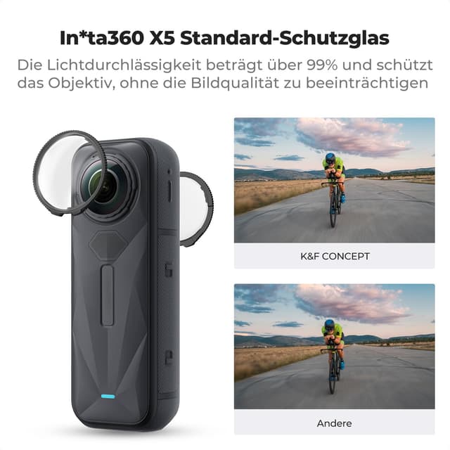 Detalle de K&F CONCEPT Standard-Objektivschutz für Insta360 X5 – 9H, hochtransparent & kompatibel mit Lens-Protection-Modus