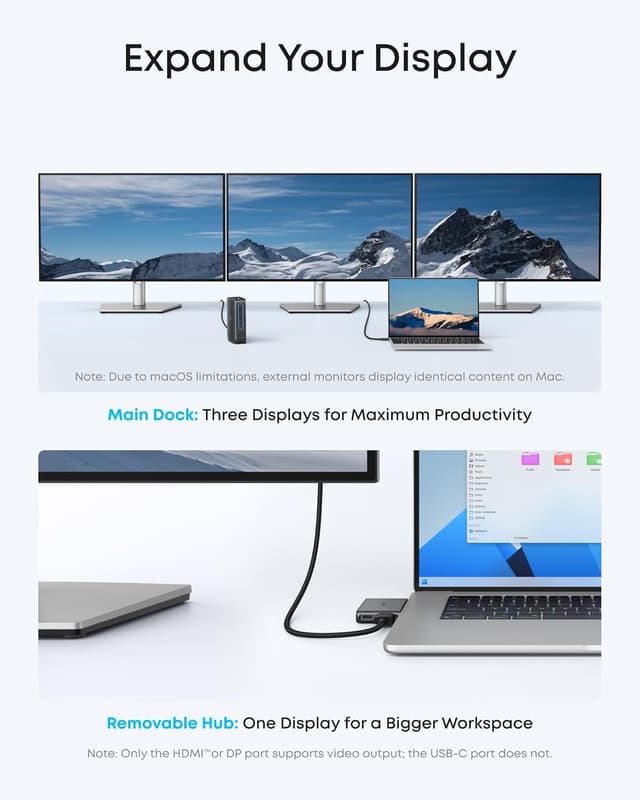 Detalle de Anker Nano Laptop Docking Station with Detachable Hub (13-in-1) – Triple display via 2×HDMI + 1×DP, 10Gbps, 100W PD