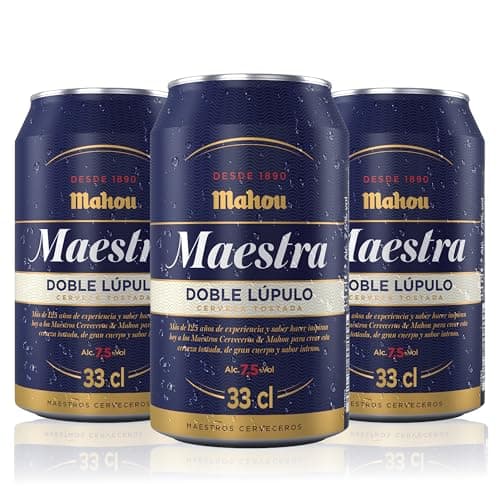 Detalle de Mahou Maestra Doble Lúpulo: pack de 12 latas de 33 cl (7,5% vol), lager tostada de sabor intenso