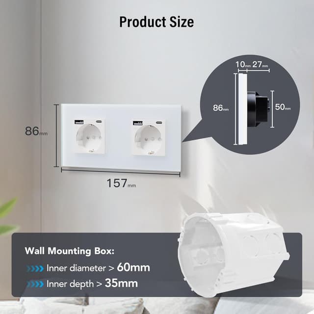 Thumbnail 6 de BSEED Glas-Wandsteckdose 20W USB C