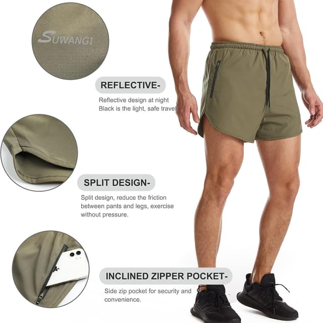 Detalle de Suwangi Uomo pantaloncini da running 2 in 1, rapida asciugatura e tasca interna con zip