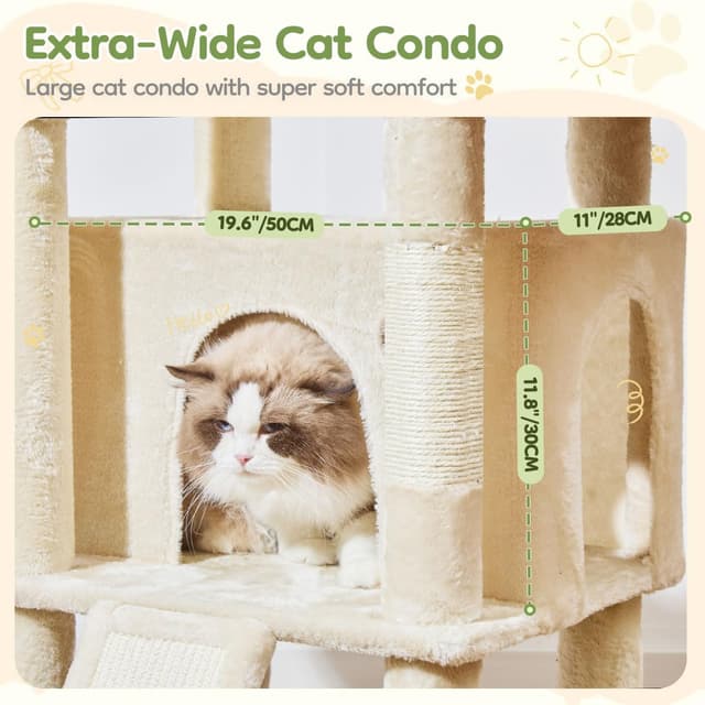 Detalle de Taoqimiao 183cm Large Cat Tree (MS045M) with Metal Hammock, 5 Scratching Posts & Spacious Platforms