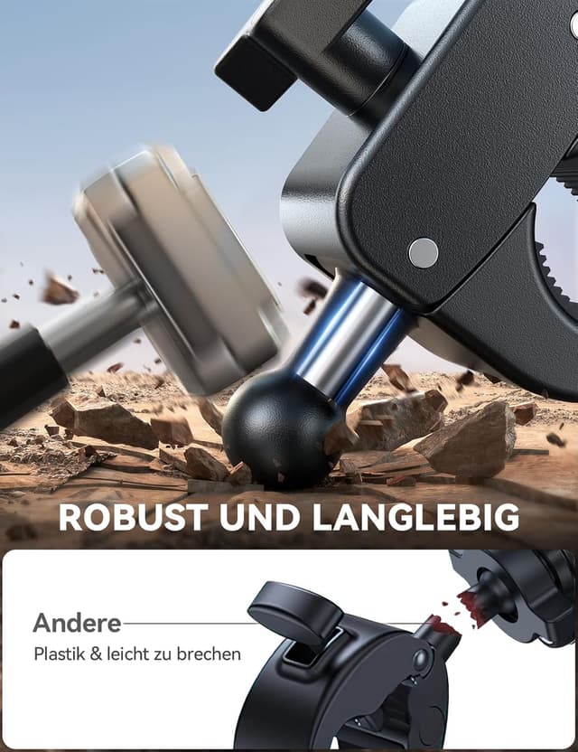 Detalle de JOYROOM Handyhalterung Motorrad & Fahrrad mit doppelter Vibrationsdämpfung und Vollmetall-Lenkerklemme (für Smartphones 4,7–7")