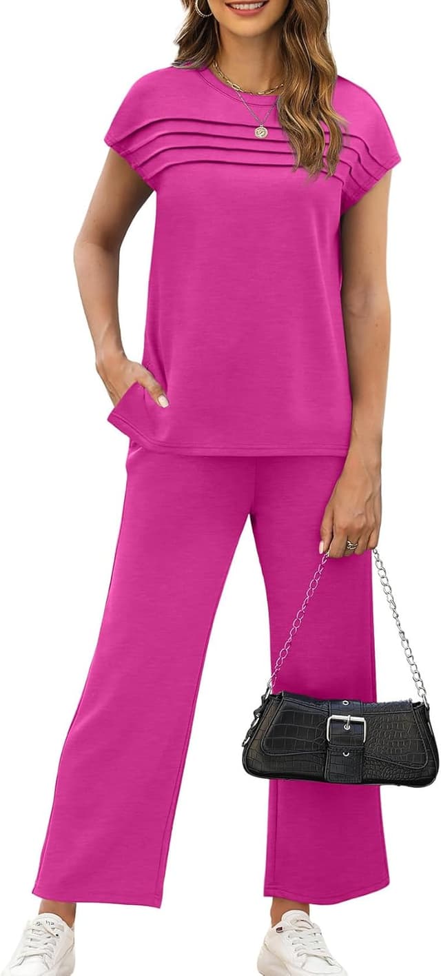 Detalle 2 de WIHOLL Two-Piece Lounge Set for Women (Cap Sleeve Top + Wide-Leg Crop Pants), S–3XL