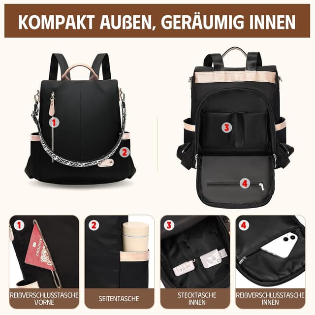Detalle de ONETOALL Damen-Rucksack klein, diebstahlsicher mit RFID-Blocker (inkl. 6 Schutzhüllen) – Cityrucksack für Städtetrips & Alltag