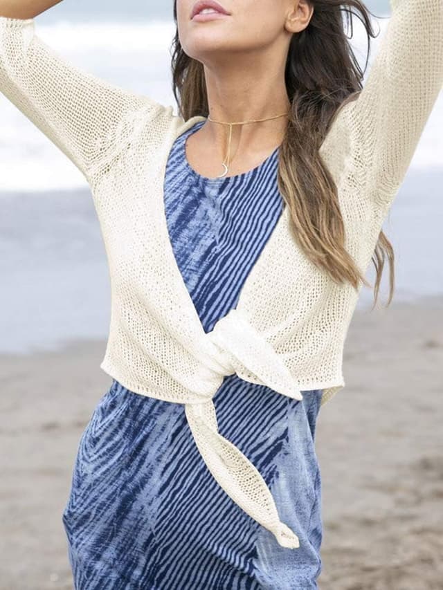 Detalle de YeMgSiP Women’s Tie-Front Shrug 3/4 Sleeve Sheer Mesh Cardigan Bolero