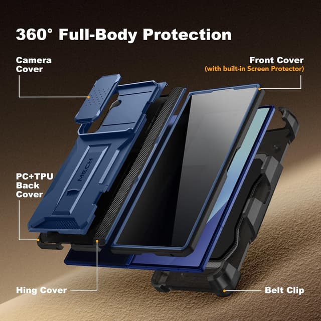 Detalle de TONGATE for Galaxy Z Fold 7 Case with Privacy Screen Protector, Slide Camera Cover, Military-Drop Protection & Belt Clip (Blue)