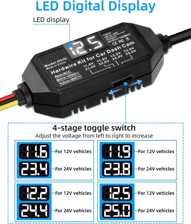 Detalle de RIIEYOCA USB-C Dash Cam Hardwire Kit with LED Screen (12V–24V to 5V) with ACC support