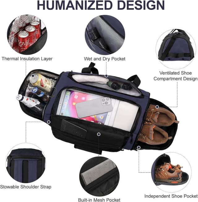 Detalle de ZIOISNM sac de sport et sac de voyage 3-en-1 36L avec compartiment chaussures et compartiment humide (bleu marine)