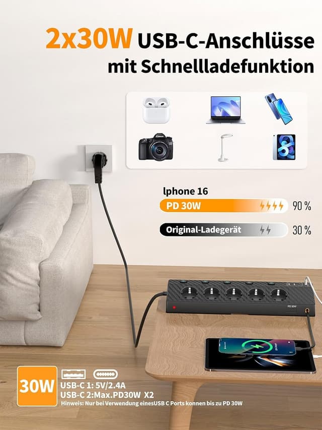 Detalle de PASSUS 10‑in‑1 Tischsteckdose mit 2 USB‑C (30W) 🔌