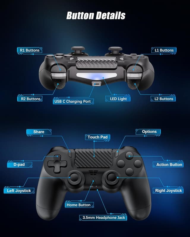 Thumbnail 2 de RUIZHI Wireless Controller für PS4 – Gamepad mit Turbo, Dual-Vibration, 6-Achsen-Gyro und Touchpad (PC-kompatibel) in Schwarz