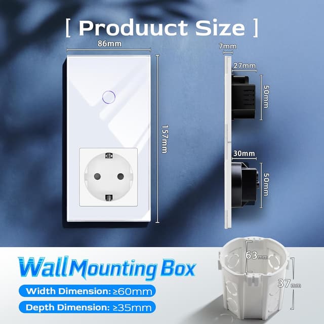 Detalle de Touch-Lichtschalter mit Steckdose BSEED (1-fach, 2-Wege) und LED-Anzeige – berührungsempfindlich, weiß