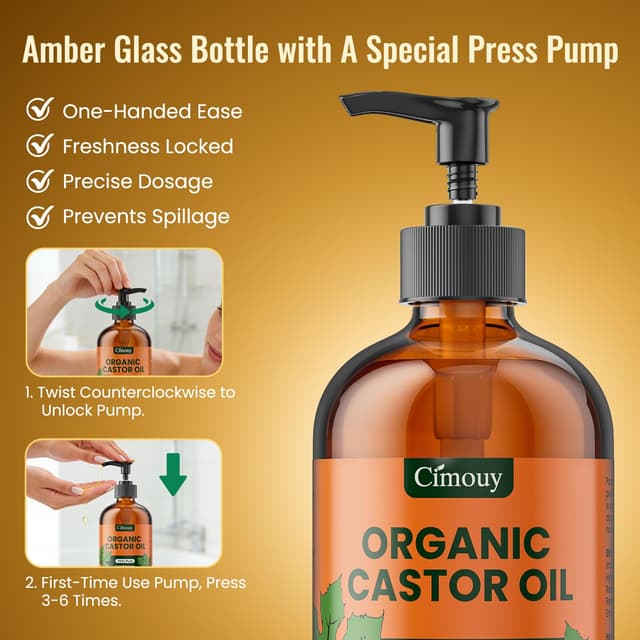 Detalle de USDA Organic Hexane-Free Castor Oil in 16oz Dark Amber Glass Bottle (Vegan, EWG Verified)