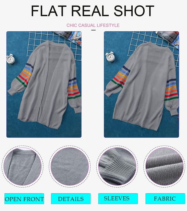 Detalle de AlvaQ Women’s Longline Open-Front Rainbow Striped Cardigan (S–XXL) – Lightweight Knit Coat Jacket