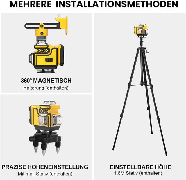Detalle 2 de ansigtny Kreuzlinienlaser mit Stativ – 4×360° grüne Linien, selbstnivellierend (±3°), 1,6 m Stativ & Fernbedienung