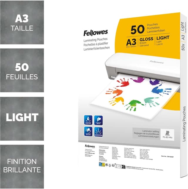 Detalle de Pochettes de plastification Fellowes A3 brillante – lot de 50 feuilles pour affiches et documents