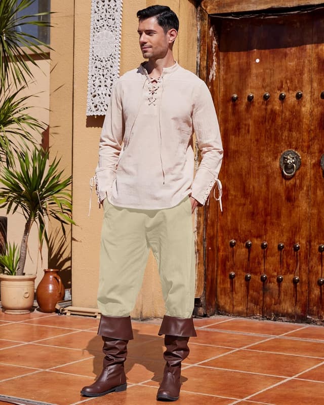 Detalle de YAOBAOLE Leinenhose Herren – Mittelalter/Wikinger-Renaissance Piratenhose mit elastischem Bund und Taschen